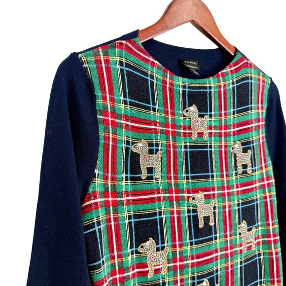 Talbots Medium 100% MERINO WOOL Rhinestone Christmas Dogs Poodle Sweater Top - Picture 3 of 7